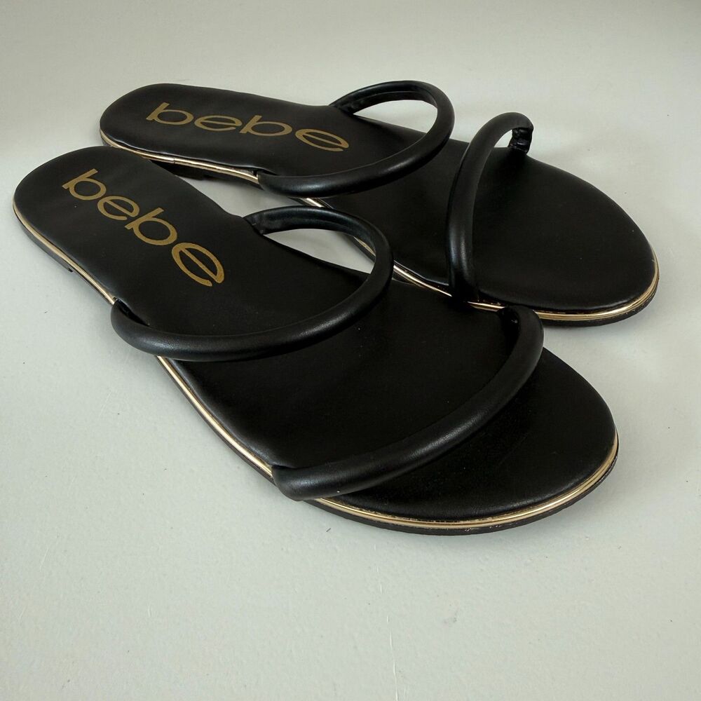 bebe Women’s Black Double Strap Slide Sandals Gold Trim Fits Size 7.5